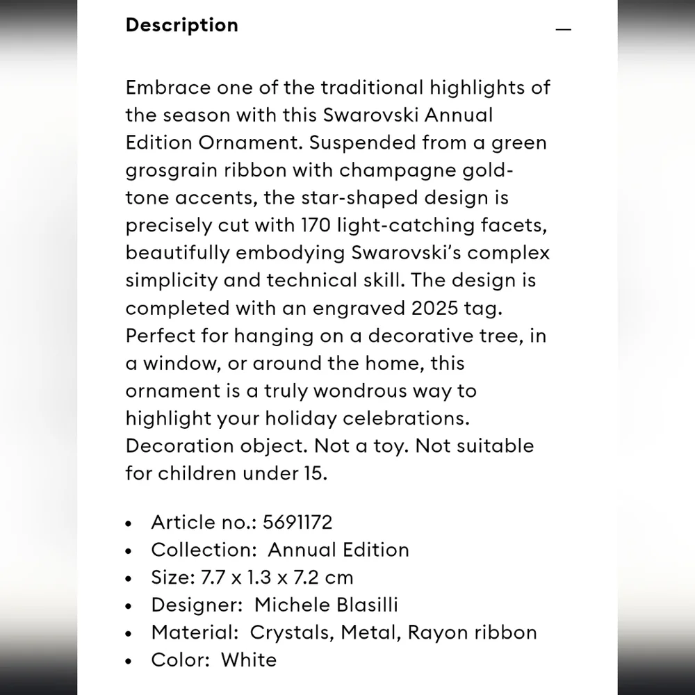 NIB Swarovski 2025 Annual Holiday Star Shaped Ornament